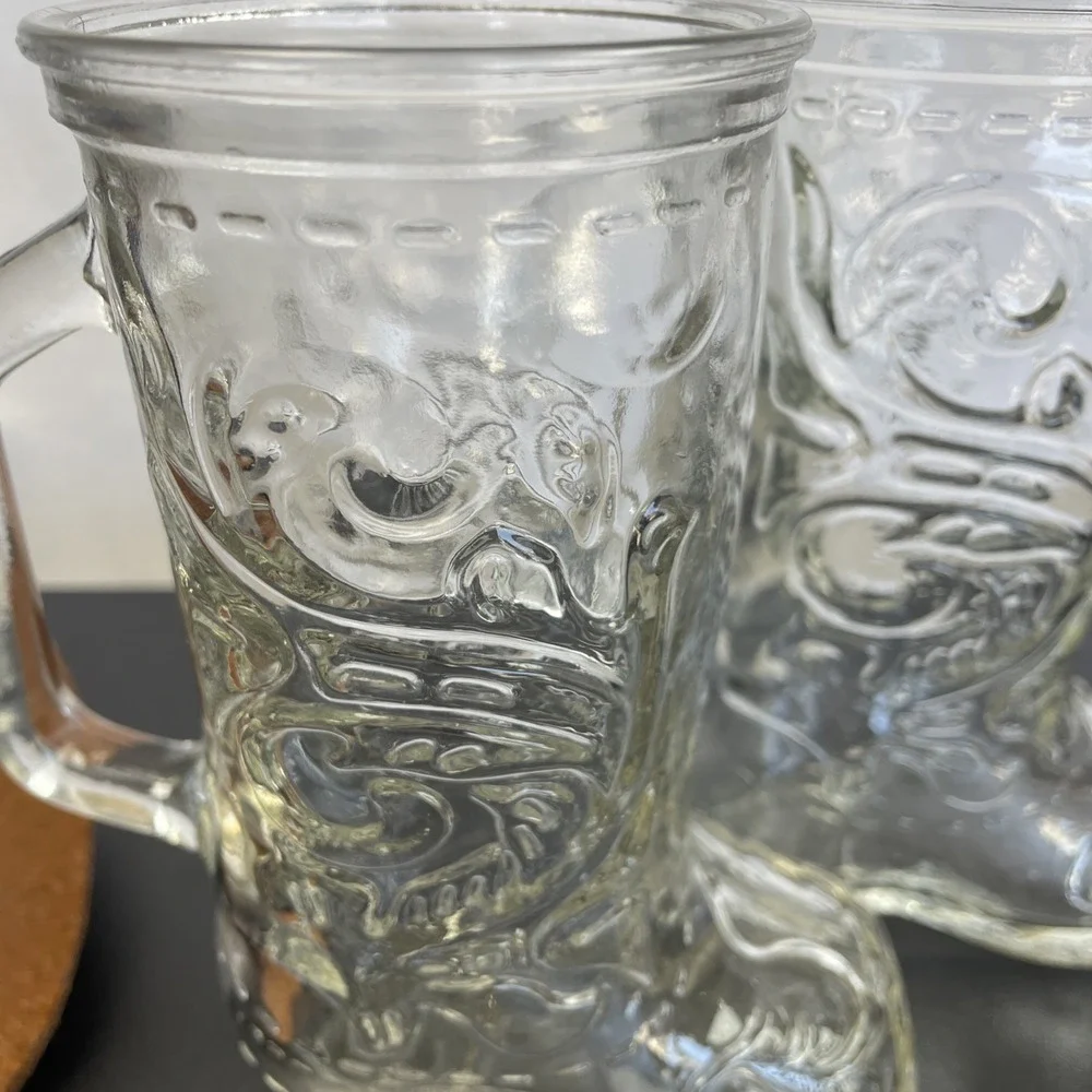 Vintage‎ lot of 2 Libbey Clear Glass Beer Mugs Cowboy Boots western bar ware